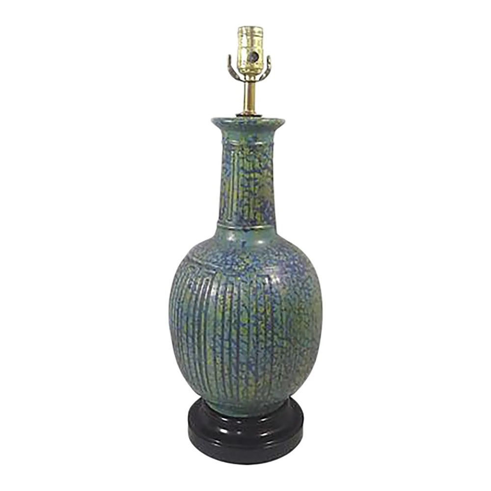 1950s James Mont Style Lamp Blue and Green Incised Ceramic Table Lamp